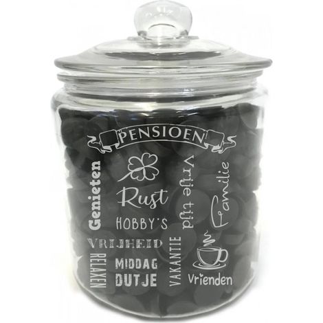 Bocal à bonbons/boîte de rangement avec gravure : PENSION. Sans réglisse. Cadeau de départ à la retraite pour un collègue. Ce bocal est en verre épais et résistant. Dimensions : 21 cm de hauteur (couv (1/3)