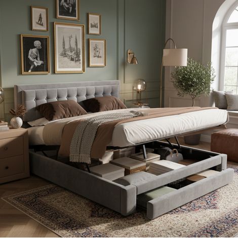 Letto matrimoniale 180/200 cm in velluto grigio con contenitore e testiera regolabile (1/5)