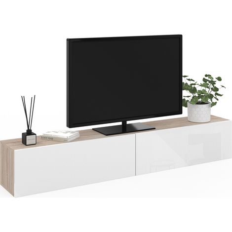 Idmarket – Meuble TV suspendu 180 cm ELIO – 2 portes en MDF blanc – Structure en panneaux de particules bois – Trou passe-câbles inclus