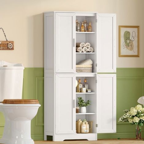 Armoire de Salle de Bain avec 4 portes et 2 étagères réglables, 60 x 30 x 170 cm, blanc (1/5)