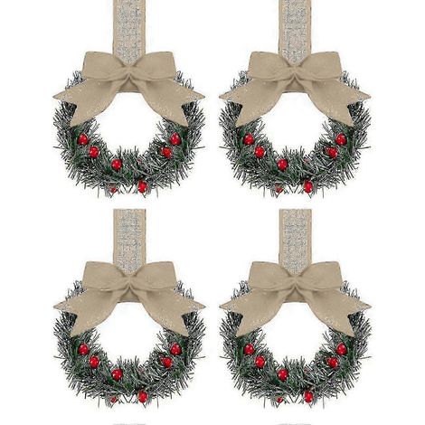 Décoration de porte de cuisine style ferme pour Noël 2025 : mini-couronnes de fenêtre avec rubans et baies rouges, style campagnard.4pcs (1/5)