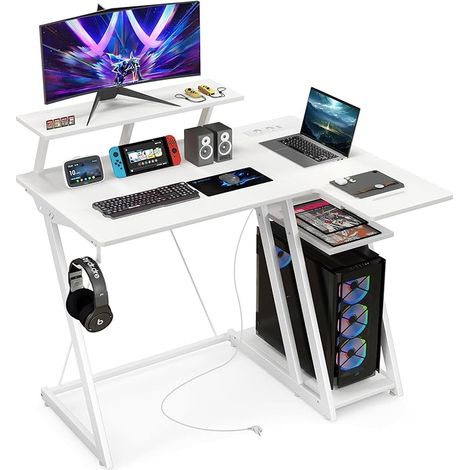 COSTWAY Scrivania Angolare Salvaspazio, Scrivania da Gaming con Prese, Porte USB, Ripiano per Monitor, Gancio per Cuffie, Ripiano e Supporto per CPU, Scrivania ad Angolo per Casa e Ufficio (Bianco) (1/5)