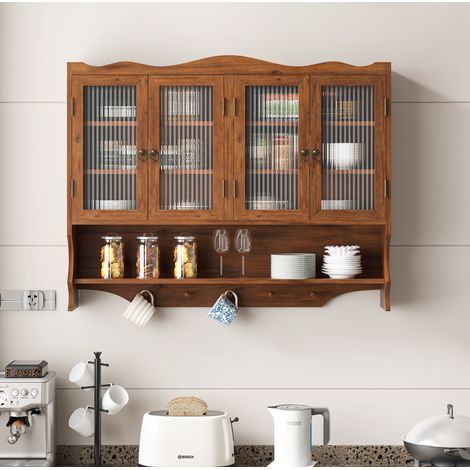 Armoire murale 100x20x80 cm marron en bois massif et verre avec 4 portes, étagères amovibles et crochets (1/5)