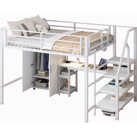Lit mezzanine 140 x 200 cm avec bureau, armoire, étagères et escalier-rangement, sans matelas, blanc pour chambre d'enfant, gain de place - CHICFURN (1/5)