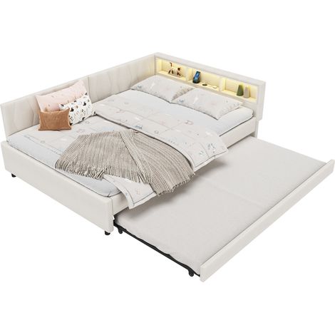 Lit gigogne 140x200 cm avec tiroirs de rangement, ports USB et Type-C, LED multicolore, sommier à lattes, beige, structure en tissu et MDF CHICFURN (1/5)