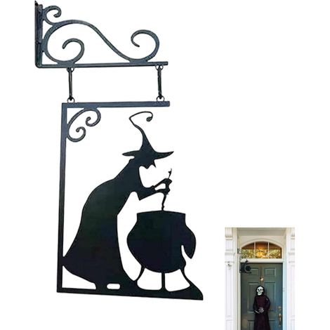 Halloween-Dekoration – Metallsilhouette eines Hexenkessels – Hängendes Schild für Garten oder Terrasse.