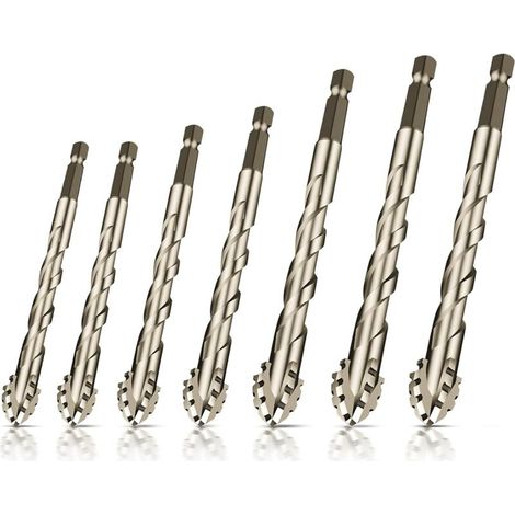 7-teiliges Exzenterbohrer-Set mit vier Schneiden und Sägezähnen, gezahnter Bohrer mit vier Schneiden, 1/4"-Sechskantschaft, Hochleistungs-Fliesenbohrer-Set mit Hartmetallspitze (1/4)