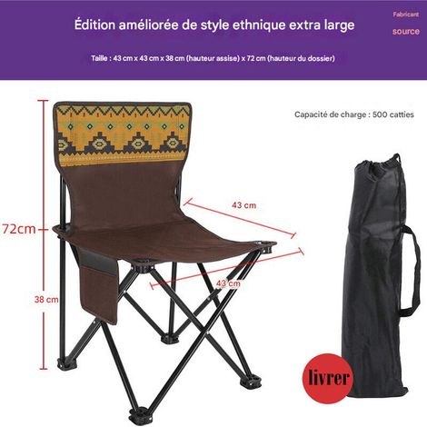 Chaise de camping pliable et portable, capacité de charge de 300 kg, avec sac de rangement, chaise pliante, adaptée au jardin, au camping, aux voyages