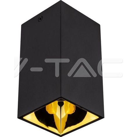 Soporte para foco LED V-TAC, montaje en techo cuadrado, GU10, cuerpo negro, reflector dorado