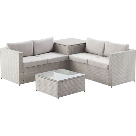 Concept-Usine – Salon de jardin en résine tressée 4 places – Coffre de rangement – Coussins déhoussables en tissu déperlant – Structure acier