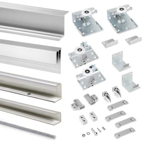 Emuca Kit de herrajes para armario de 2 puertas correderas y cierre suave Neco, espesor 16mm, tableros no incluidos, Gris metalizado - (1/5)
