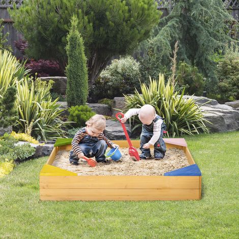Sandkasten aus Holz für Kinder von 3-8 Jahren mit Vliesstoffbezug und 4 Sitzen für den Garten, 109 x 109 x 19,8 cm, Natur