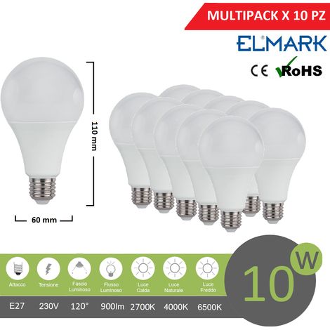 Promopack x 10 pz lampadina led globo A60 E27 10w attacco grande sfera basso consumo luce fredda naturale calda  Calda 2700k