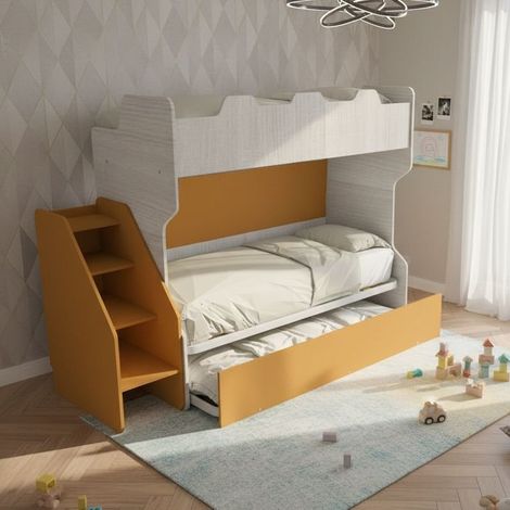 Letto a castello salvaspazio con terzo letto estraibile e scala laterale - Ideale per camerette - Rovere rock