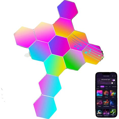Luces hexagonales, control inteligente, sincronización con la música, 12 unidades de luces hexagonales (1/2)