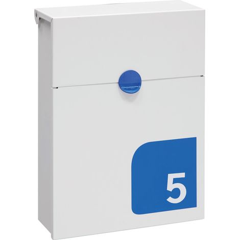 ARREGUI Tondo S E6721-BLU Briefkasten aus Verzinktem Stahl, mit ihrer Hausnummer Personalisierbarer Wandbriefkasten, Größe S (DIN A5 Post), mit Verborgenem Schloss und Schutzklappe, Weiß mit Blau