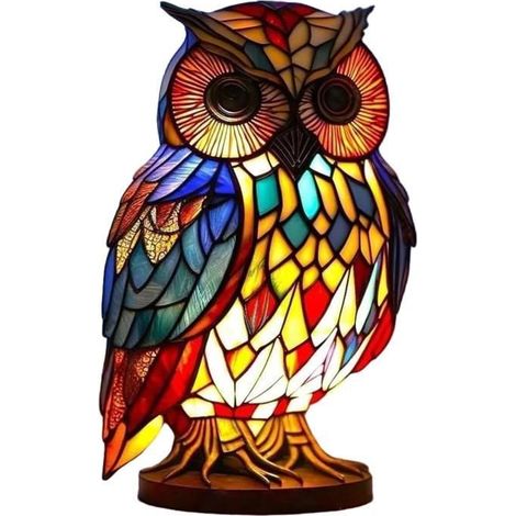 Lampe d'Halloween lampe hibou en vitrail en résine lanterne de bureau chaleureuse et agréable à regarder Mu LAMPION DE DECO DE FETE (1/5)