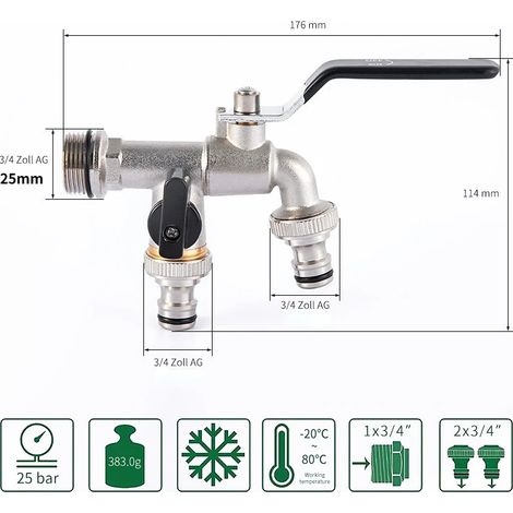 Robinet de jardin extérieur (entrée d'eau DN20), antigel, double commande, en cuivre, pour lave-linge et évier de jardin 1/2 (1/4)