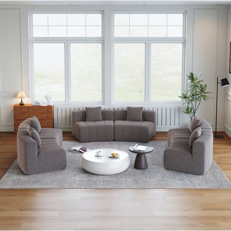 Divano modulare curvo con 2 cuscini, seduta stile tasti di pianoforte, rivestimento in chenille grigio (1/5)