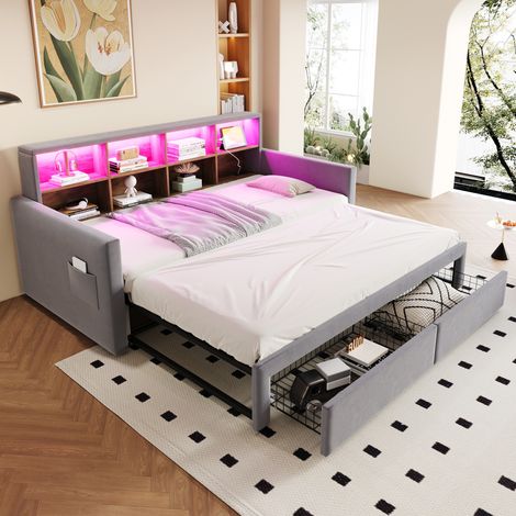 Lit rembourré 90x190 cm en velours gris clair, extensible 180 cm, tête de lit LED et prises
