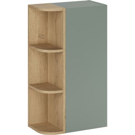 Mobiletto OSTER 45cm – mobile sospeso verde salvia con 1 porta e 3 nicchie visibili arrotondate in finitura rovere chiaro