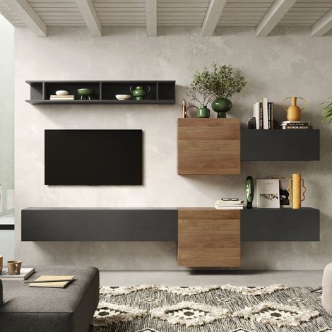 Mur TV suspendue moderne en bois blanc et gris Infinity 22 - Marron - Noir (1/2)