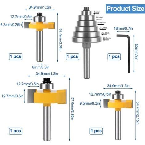 NALOOKAMIC Lot de 3 fraises planes à tige de 8 mm, fraises pour défonceuse à tige de 8 mm, avec 6 roulements réglables, fraise à rainure et ressort pour le travail du bois (1/3)