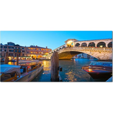 Lupia - Quadro moderno su Tela Canvas DEEP 65X143 cm, con paesaggi e localismi italiani, per casa, soggiorno, capezzale camera da letto, hotel, ufficio, VENEZIA - PONTE RIALTO SERA (1/4)