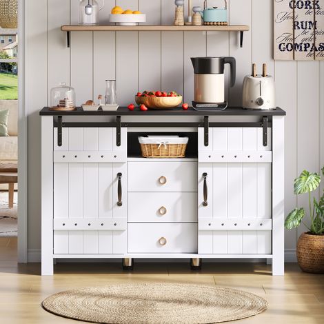Buffet de rangement avec espace de stockage, meuble latéral de 120 cm de large avec portes coulissantes et 3 tiroirs, table-buffet rustique en bois style bar à café, adapté à la cuisine, à la salle à (1/5)