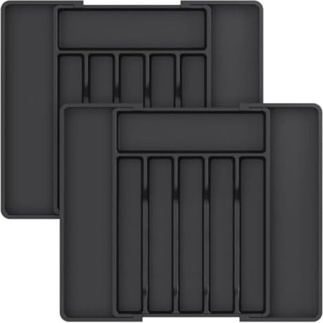 Organizzatore per cassetti - Vassoi portaposate in plastica - 37,49 x 32,99 x 5 cm - Nero - 2 pezzi (1/5)
