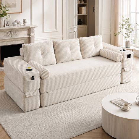 Divano letto 3 posti in velluto a coste beige con tasca e portabicchiere DESVIAE (1/5)