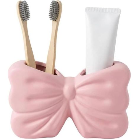 Porte-brosse à dents créatif avec nœud rose – Organiseur élégant pour dentifrice et brosse à dents électrique pour comptoir de salle de bain et douche – Rangement fonctionnel à deux (1/5)