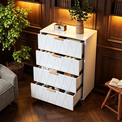 Commode à 4 tiroirs 60×34×90cm, meuble de rangement grande capacité, conception anti-basculement, style moderne, pieds en métal, convient aux chambres et salons, MDF, Blanc