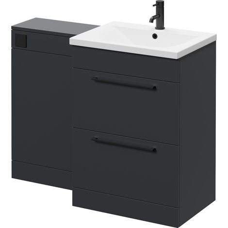 Napoli 460 Gloss Grey 1100mm 2 Drawer Vanity Unit Toilet Suite with Glide Basin - 1100mm - Matt Black 320mm HandleWithout Kingston Toilet Pan
