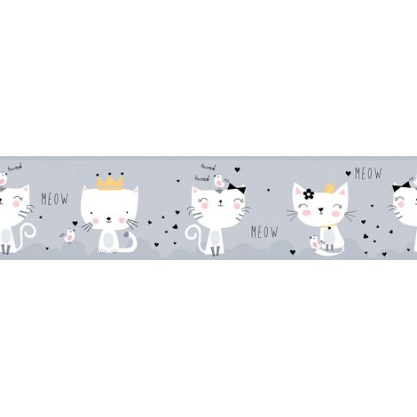 Frise papier peint avec des petits chats Frise papier peint enfant pour décorer une chambre Frise papier peint grise (1/4)