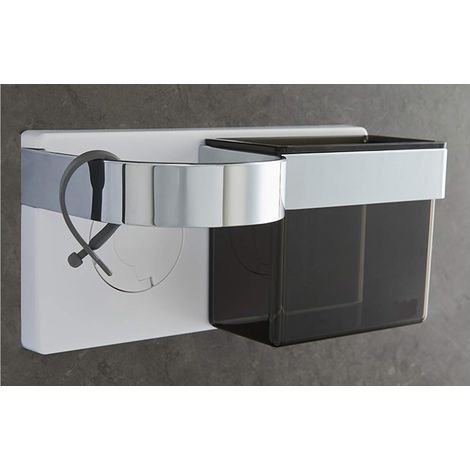 Supporto da parete autoadesivo per asciugacapelli con contenitore in ABS per spazzole per capelli e accessori per lo styling. Adesivo forte con fascetta in silicone.