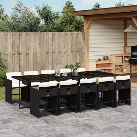Ensemble Jardin Repas 3 Pcs Noir - Table Verre Trempé 80x80 cm avec 2 Chaises Polyrotin et Coussins Crème Lavables (1/5)