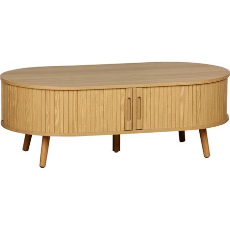 sweeek - Skandinavischer Couchtisch mit geriffeltm Holzlook und 2 Schiebetüren
