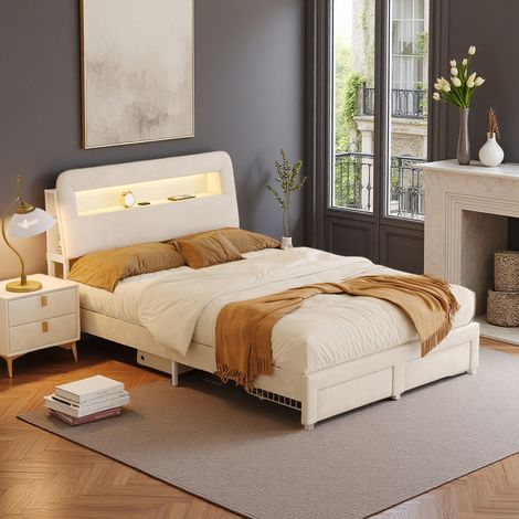 Bettgestell für Jugendliche 160 x 200 cm – Beiger Samt – USB und LED – 2 Schubladen – Lattenrost mit 12 Latten – Bett 160 x 200 cm