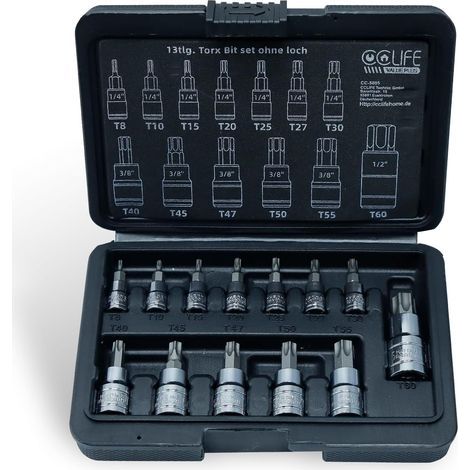 13 Torx Bits, S2 Steel, T8-T60 Drive, 1/4", 3/8", 1/2" Drive, for Automotive Mechanics (1/5)