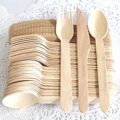 Juego de cubiertos de madera desechables de 300 piezas - Cucharas desechables - Tenedores y cucharas para fiestas, viajes y barbacoas (1/5)