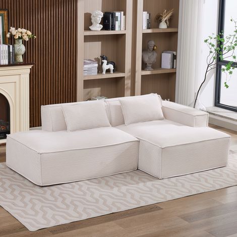 Canapé 235x129x70 cm beige en polyester rembourré avec 2 coussins et assise à ressorts ensachés (1/5)