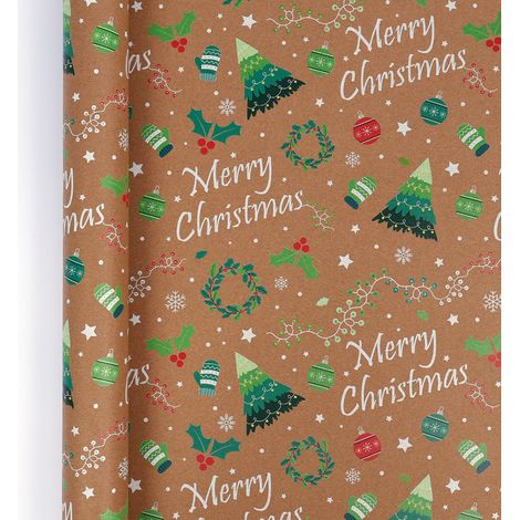 Papier kraft d'emballage de Noël (0,43 x 10 mètres), style rétro, papier cadeau pour les fêtes de Noël