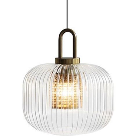 Luz Colgante de Farol de cristal de 24cm, Lámpara Colgante de Techo Retro Industrial con Base de Bronce E27 Lámpara de Araña para Cocina y Comedor (1/4)