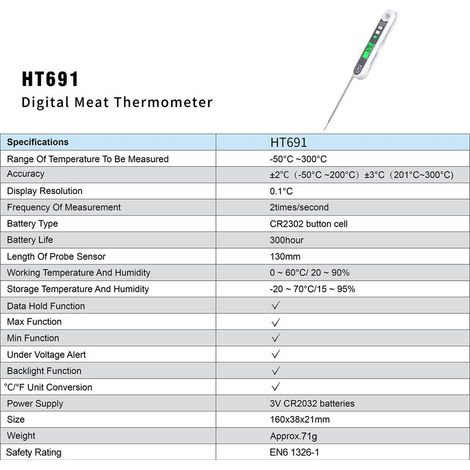 Thermomètre Digital à Lecture Instantanée HABOTEST pour Cuisson Viande Grillage BBQ avec Longue Sonde HT691 Blanc (1/4)