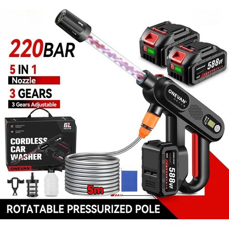 Pistolet de lavage haute pression 220 BAR 5 en 1 sans brosse – 3 vitesses, électrique 18 V compatible batteries Makita, Avec 2 batteries (1/5)