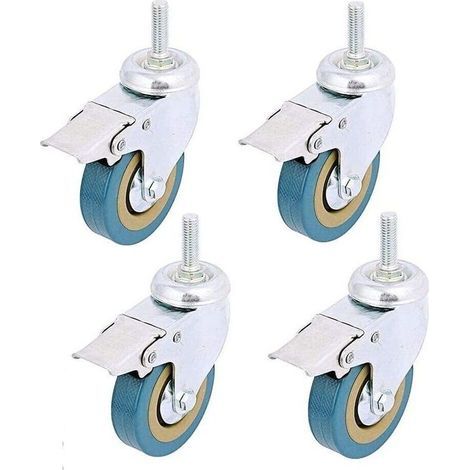 4 pack, Verrouillage 3" Mont tige filetée Roulette pivotante Rotation Non marquant Roue à roulettes en polyuréthane et frein pour chariots, meubles, établi (Tige filetée: 12 X 30mm) (1/4)