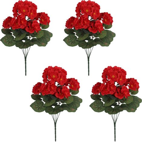 Lot de 4 géraniums artificiels en soie pour l'extérieur, résistants aux UV, fleurs en soie pour décoration florale d'intérieur, jardin, terrasse (rouge) (1/5)