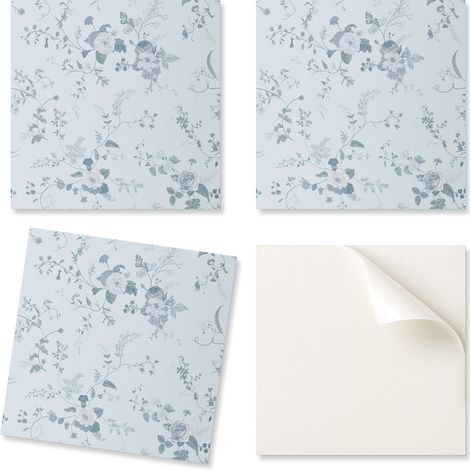 Baldosas de vinilo autoadhesivas estampadas con dise帽o floral sobre fondo de 20x20x20 cm.
