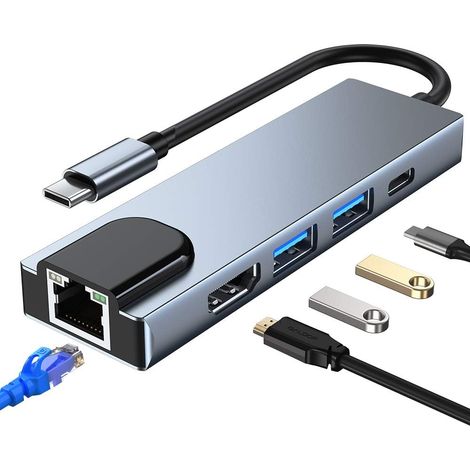 Typ-C-HDMI-LAN-Hub-Adapter [4K/30 Hz HDMI + Alle USB 3.0 + 1 Gbit/s RJ45 + 100 W PD] RJ45 1 Gbit/s kabelgebundener Ethernet-Anschluss 100 W PD USB 3.0-Schnellladeanschluss 5 Gbit/s Datenübertragung (5 (1/5)